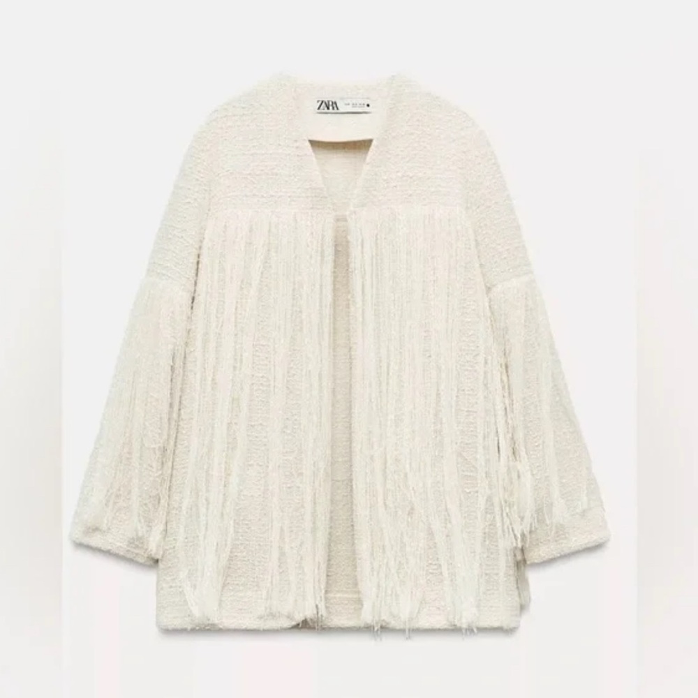 ZARA ZW Collection RARE Textured Fringe Jacket Wool Blend Size M NEW - Picture 3 of 15